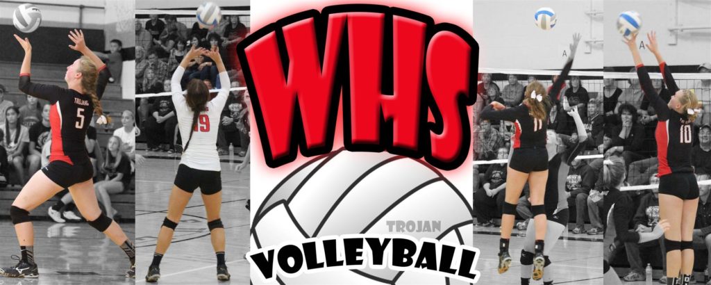 collage of 5 pictures with four pictures of players going after the ball and WHS Trojan Volleyball in the center