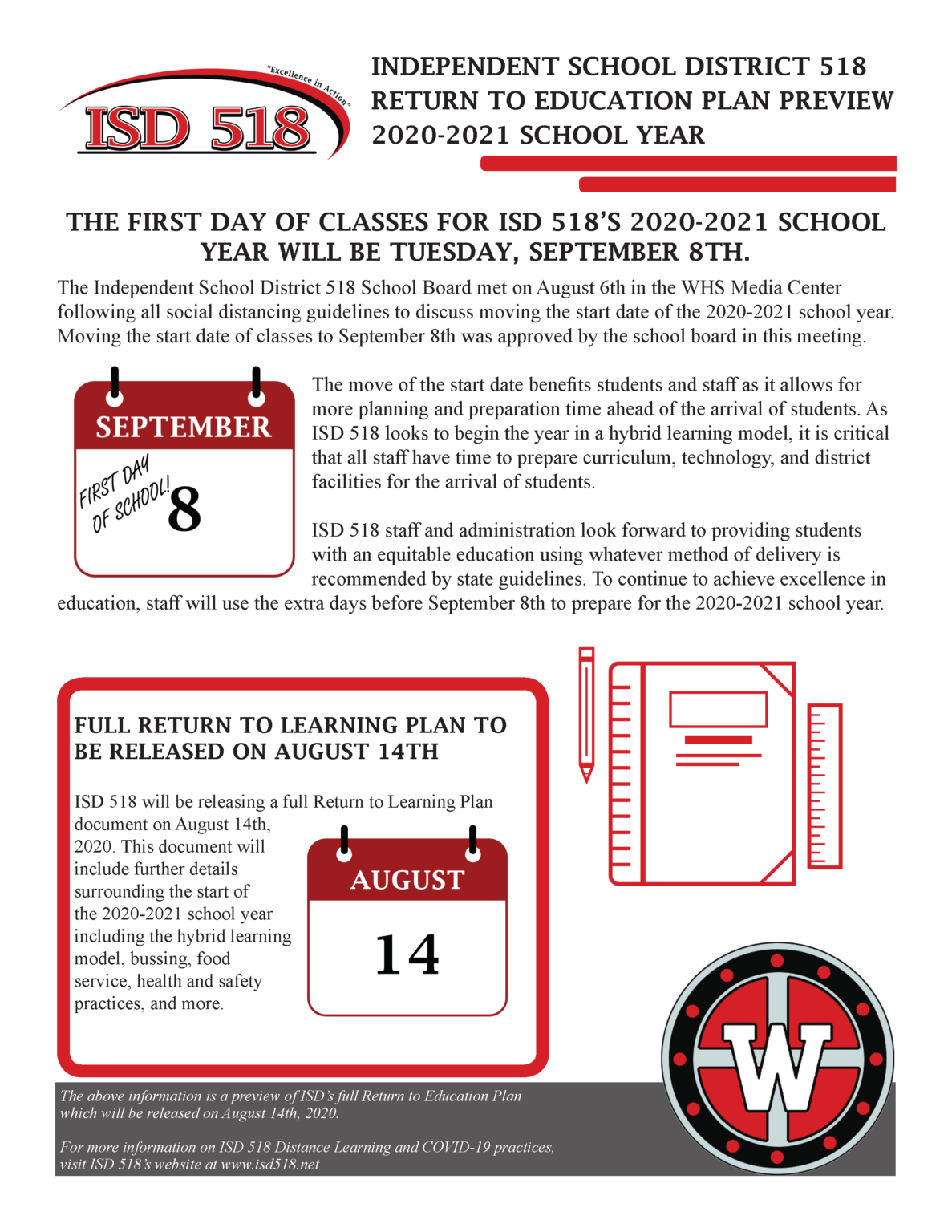 The First Day of Classes for ISD 518’s 20202021 School Year Will Be