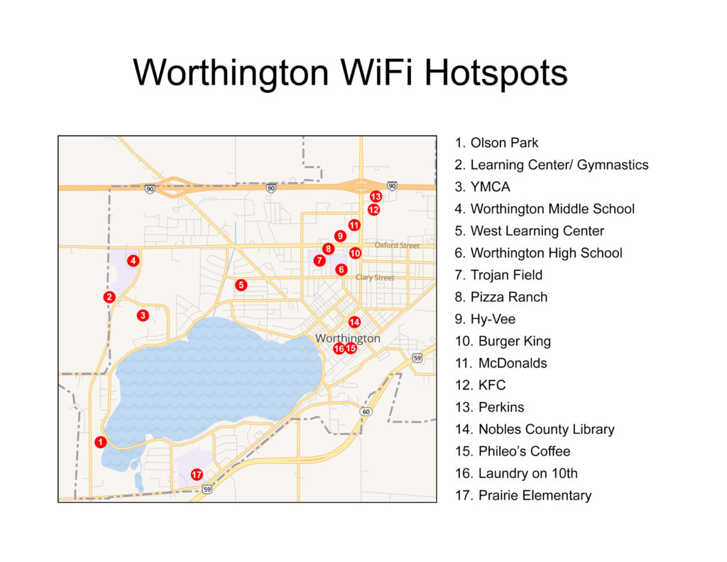 map of the city of Worthingon showing the hotspots listed above