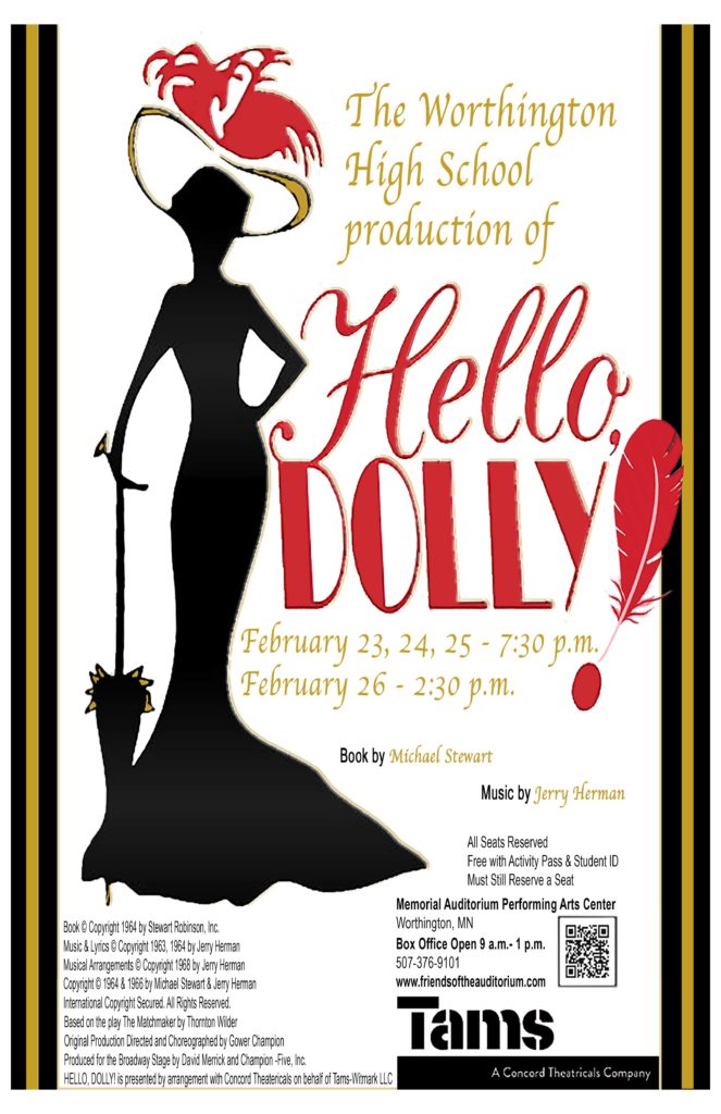 Hello, Dolly poster February 23, 24, 25 at 7:30 pm
February 26 at 2:30 pm