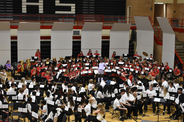 Group picture of combined bands in the gym